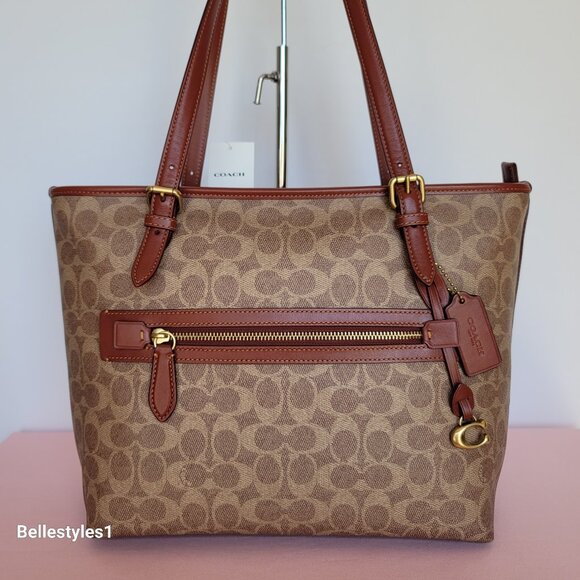 COACH Taylor Signature Logo Canvas Tote with C Dangle Charm-Tan Rust color ⭐ - Picture 1 of 16